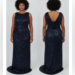 Jessica Howard Navy Blue Sequin Maxi Dress Formal Draped BackWomen's Size 18 NWT